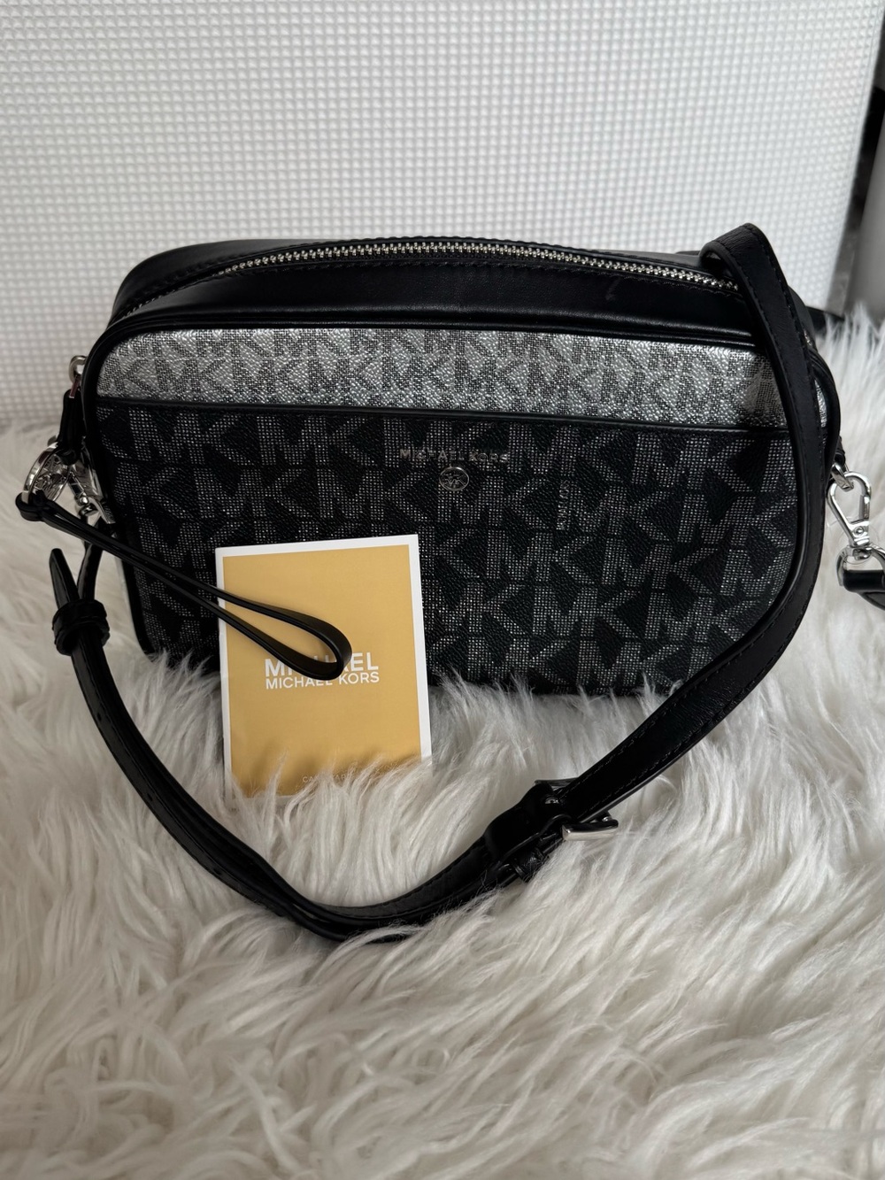 Michael Kors Black and Silver MK Signature Crossbody Bag